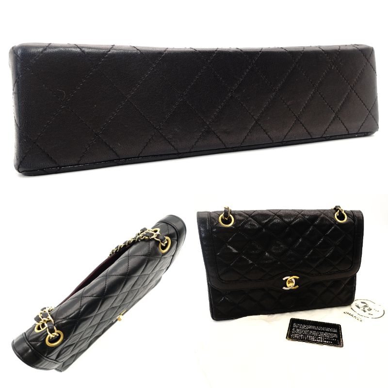 CHANEL Matelassé Double Flap Chain Shoulder Bag Black Lambskin Silver x Gold Hardware 7-9-235