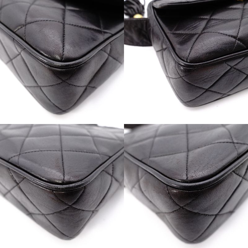 CHANEL Matelassé Fringe Shoulder Bag Black Leather Black Logo