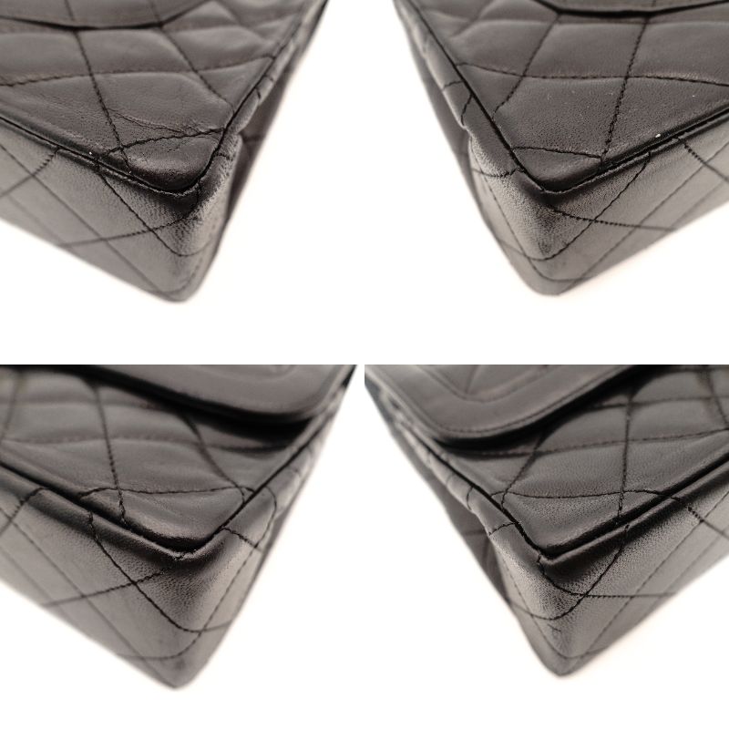 CHANEL Matelassé Double Flap Chain Shoulder Bag Black Lambskin Silver x Gold Hardware 7-9-235