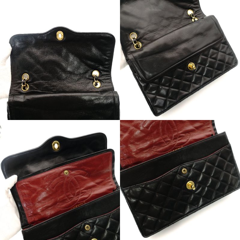 CHANEL Matelassé Double Flap Chain Shoulder Bag Black Lambskin Silver x Gold Hardware 7-9-235