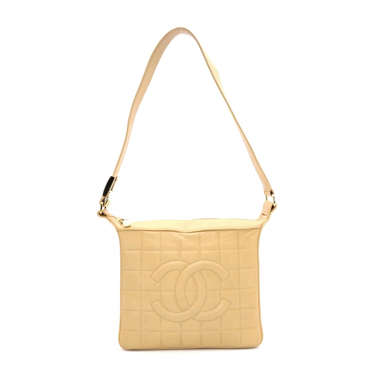 CHANEL Chocolate Bar Shoulder Bag, Leather, Beige, Vintage, Gold Hardware
