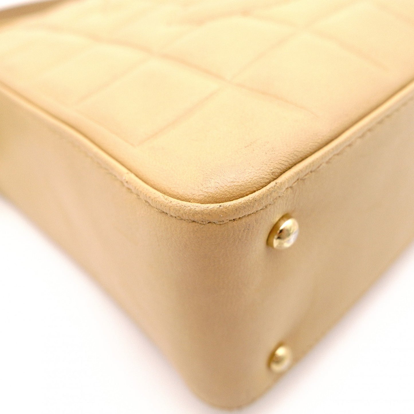CHANEL Chocolate Bar Shoulder Bag, Leather, Beige, Vintage, Gold Hardware