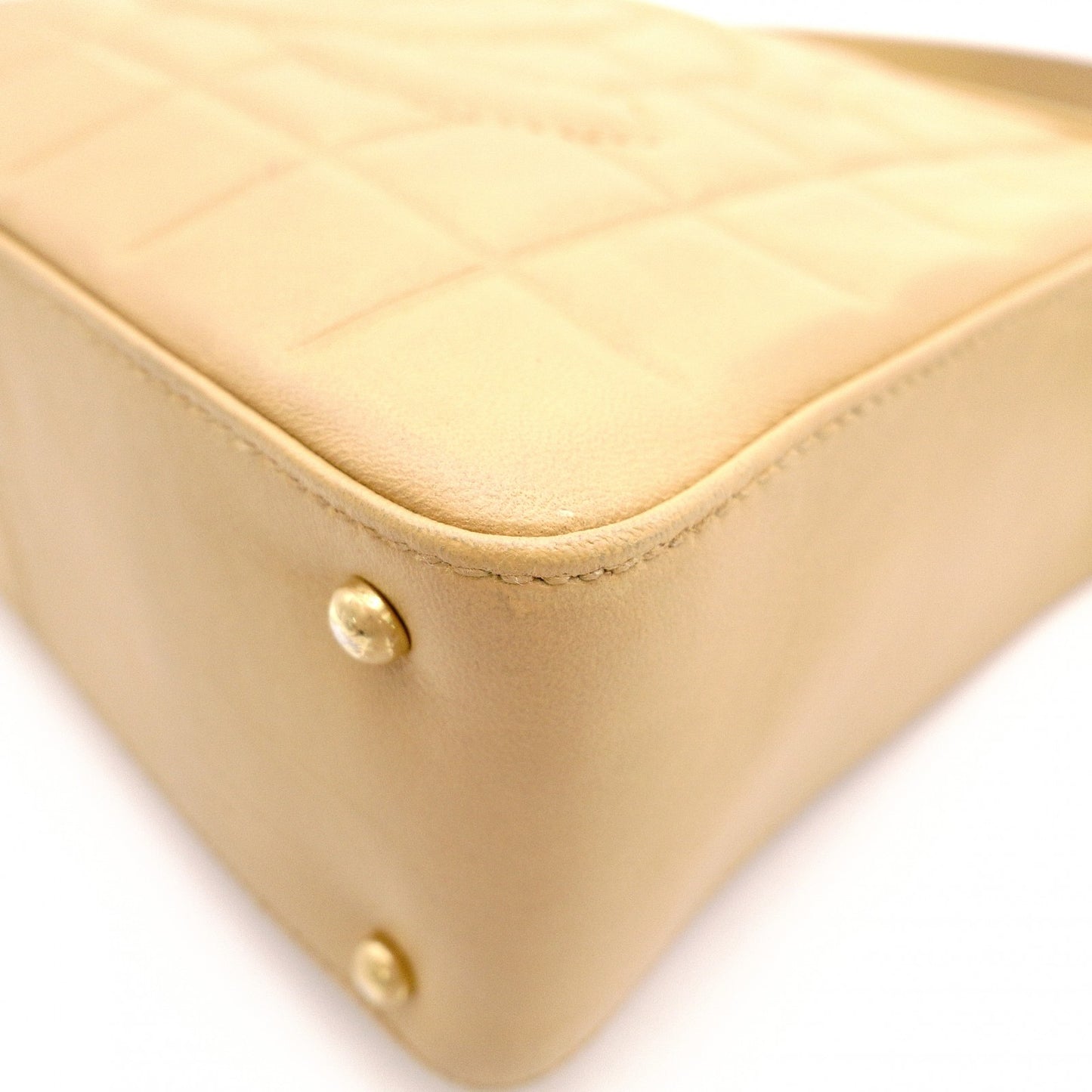 CHANEL Chocolate Bar Shoulder Bag, Leather, Beige, Vintage, Gold Hardware
