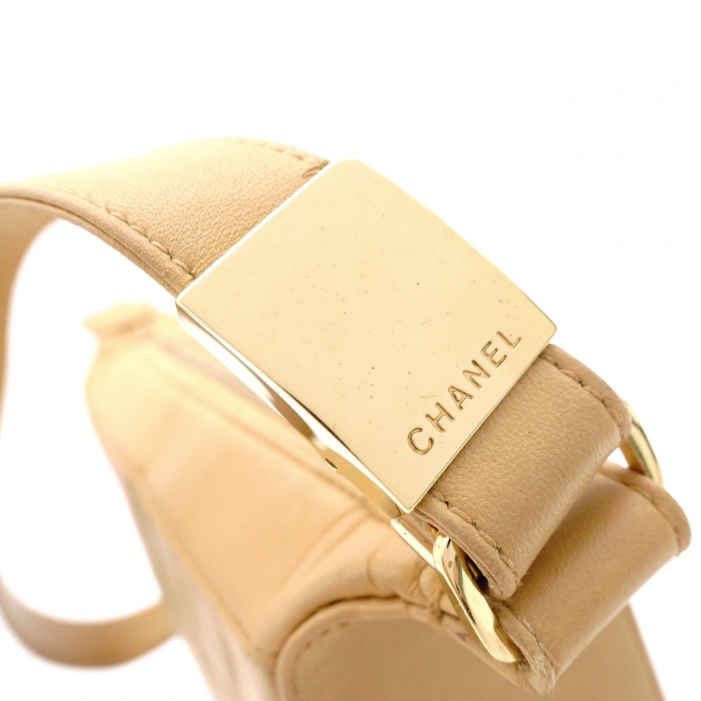 CHANEL Chocolate Bar Shoulder Bag, Leather, Beige, Vintage, Gold Hardware