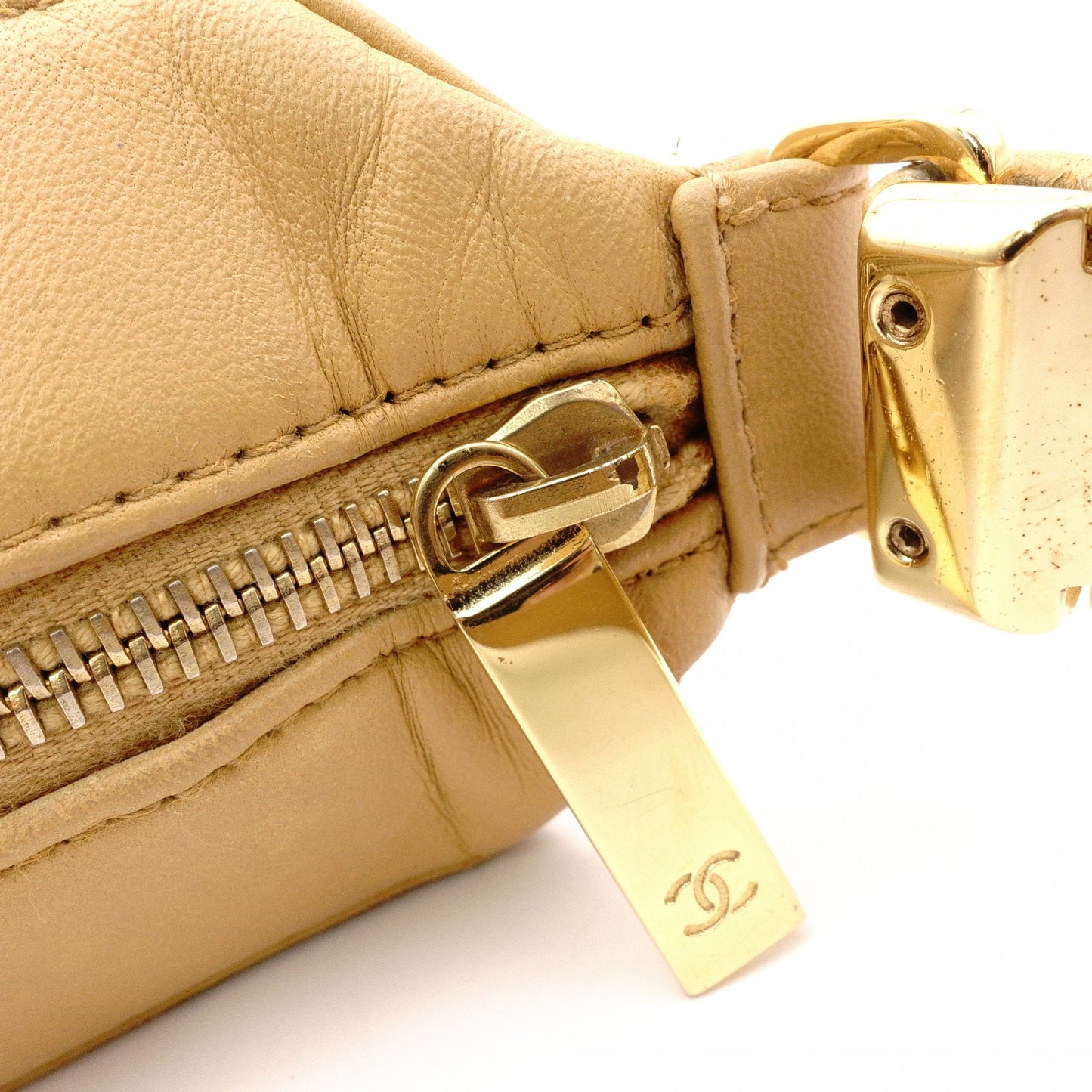 CHANEL Chocolate Bar Shoulder Bag, Leather, Beige, Vintage, Gold Hardware