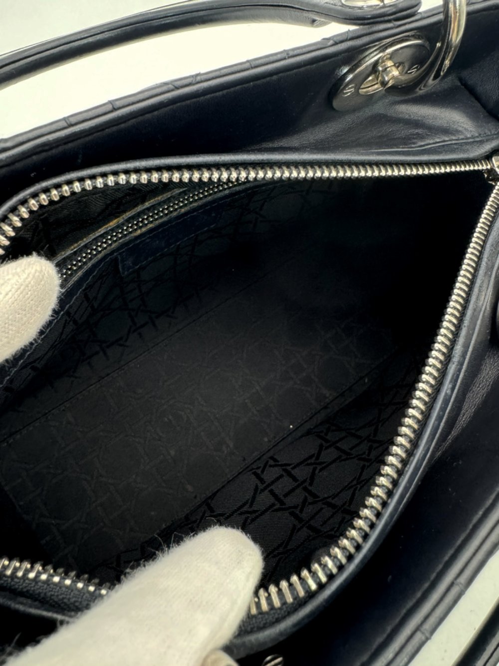 DIOR Lady Dior Medium Cannage Handbag Dark Navy Blue 2-Way Silver Hardware Shoulder R801102