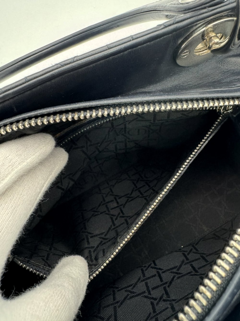 DIOR Lady Dior Medium Cannage Handbag Dark Navy Blue 2-Way Silver Hardware Shoulder R801102