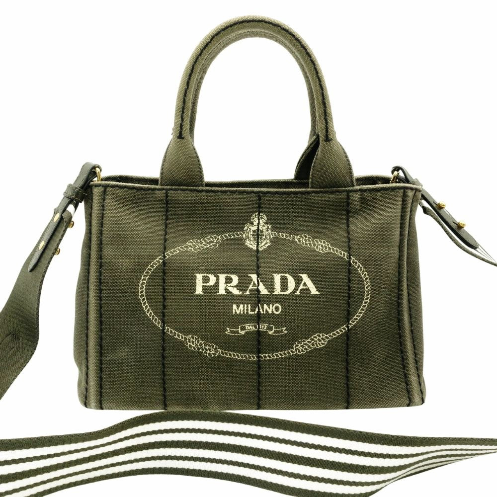 PRADA Canapa Handbag Khaki 2-Way Canvas Crossbody Stripe Women's R801234