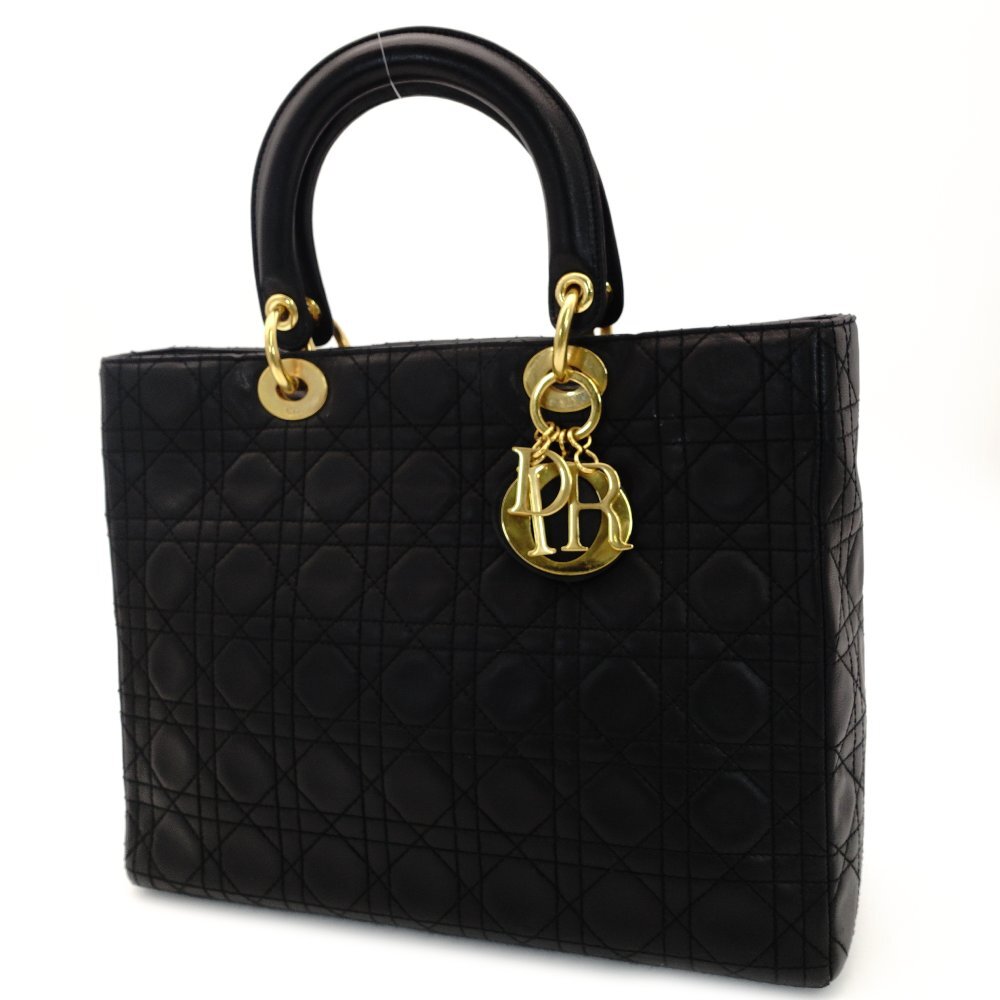 Christian Dior Lady Dior Medium Black Handbag Leather Gold Hardware Black 7-10-501