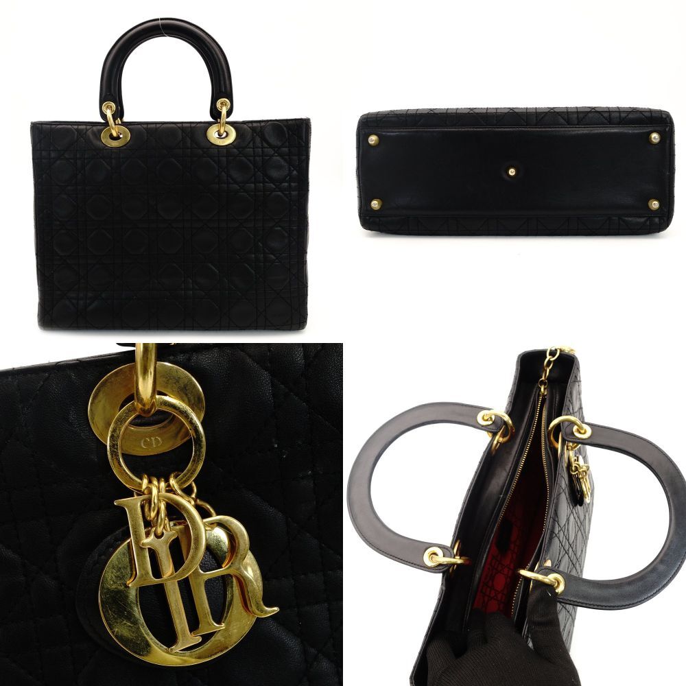 Christian Dior Lady Dior Medium Black Handbag Leather Gold Hardware Black 7-10-501
