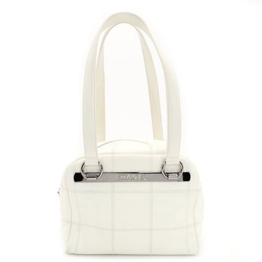 CHANEL Chocolate Bar Shoulder Bag Caviar Leather White Tote Silver Hardware Stitching 7-9-588