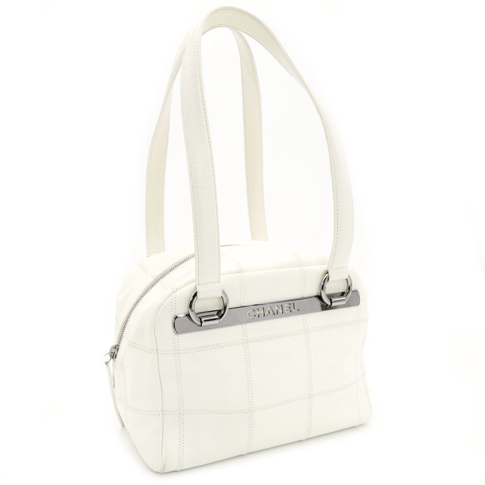 CHANEL Chocolate Bar Shoulder Bag Caviar Leather White Tote Silver Hardware Stitching 7-9-588