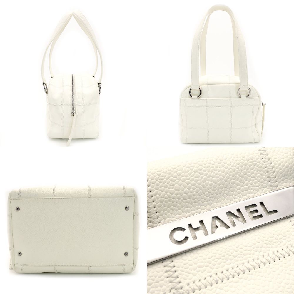 CHANEL Chocolate Bar Shoulder Bag Caviar Leather White Tote Silver Hardware Stitching 7-9-588