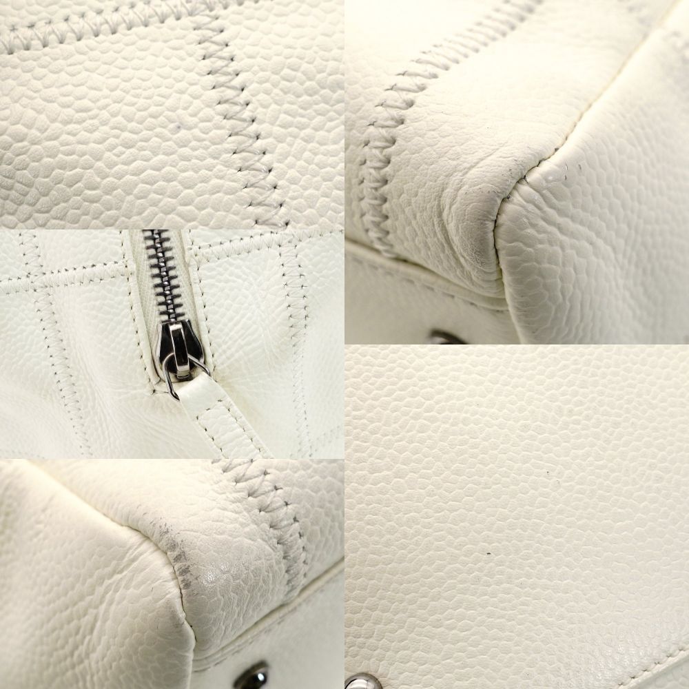 CHANEL Chocolate Bar Shoulder Bag Caviar Leather White Tote Silver Hardware Stitching 7-9-588