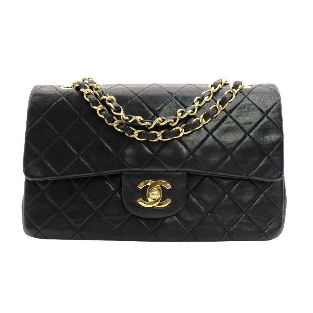 CHANEL Matelassé 23 Small Double Flap Classic Chain Shoulder Bag Black Lambskin Black Gold Hardware 7-9-115