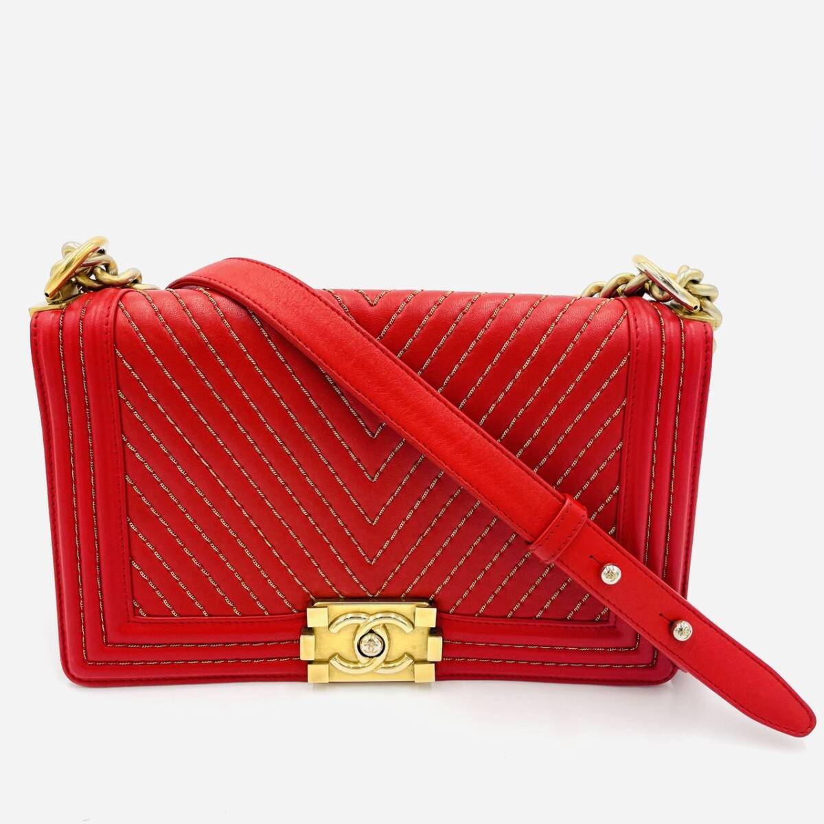 CHANEL Boy Chanel Leather 2-Way Red Shoulder Bag Red Women's Simple 7-3-431