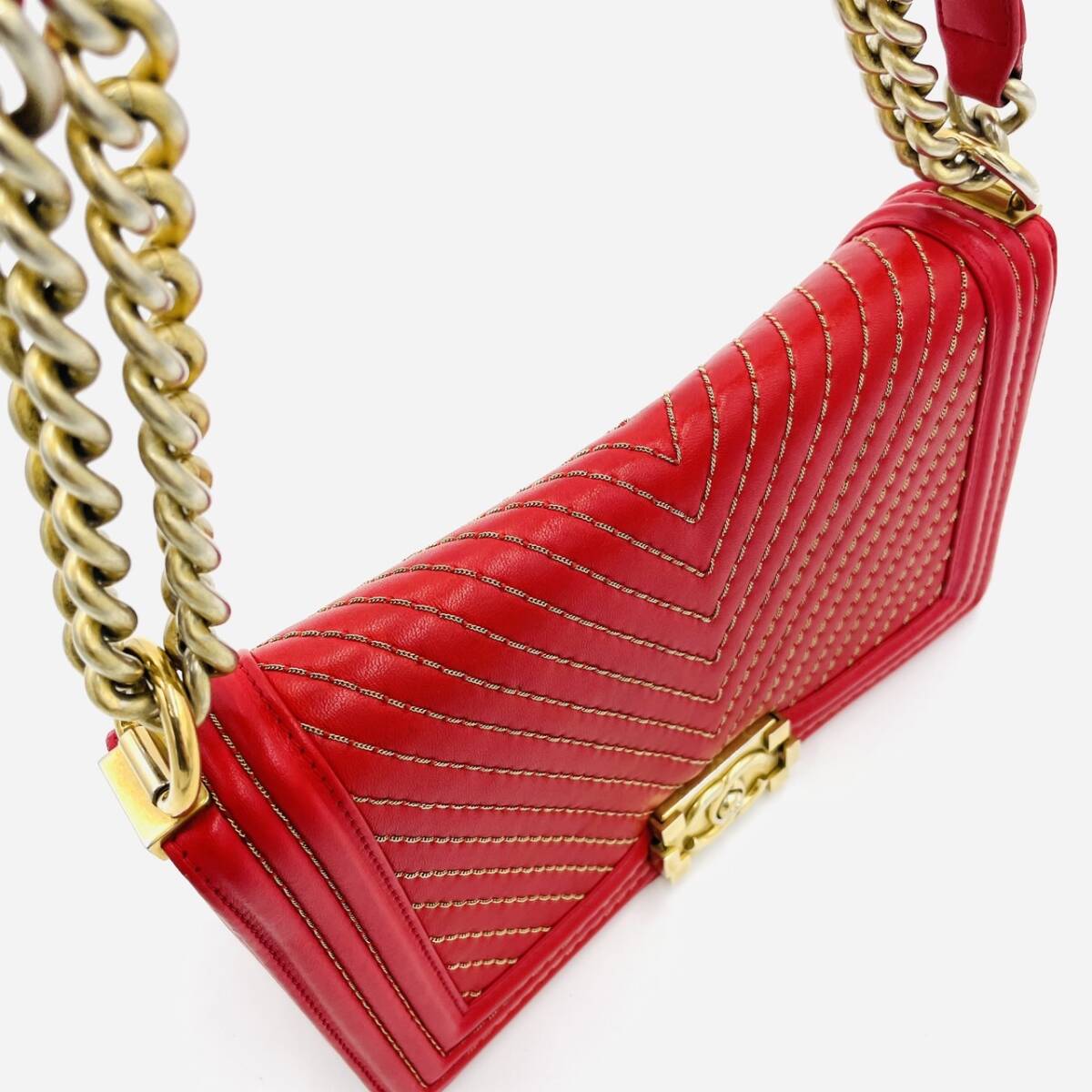 CHANEL Boy Chanel Leather 2-Way Red Shoulder Bag Red Women's Simple 7-3-431