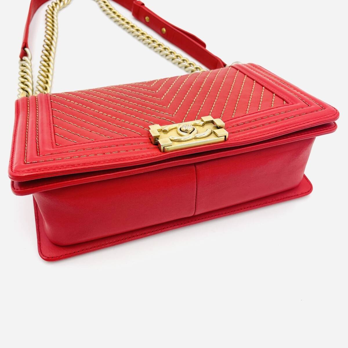 CHANEL Boy Chanel Leather 2-Way Red Shoulder Bag Red Women's Simple 7-3-431