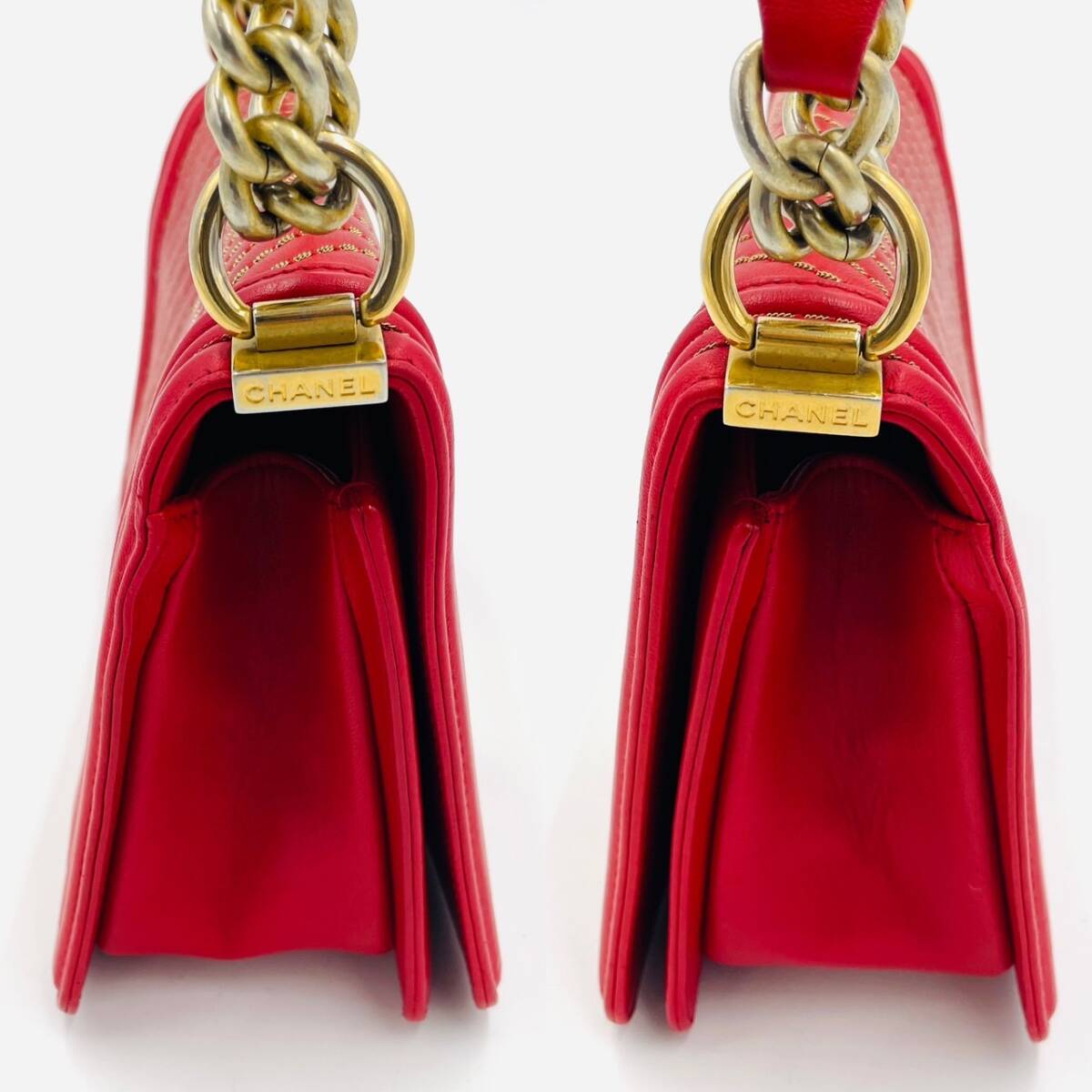 CHANEL Boy Chanel Leather 2-Way Red Shoulder Bag Red Women's Simple 7-3-431