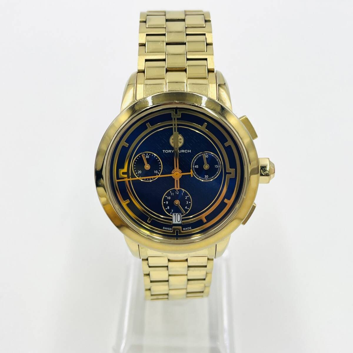 Tory Burch Chronograph Date Ladies' Quartz Watch with Box, Gold, Blue Dial 7-3-428
