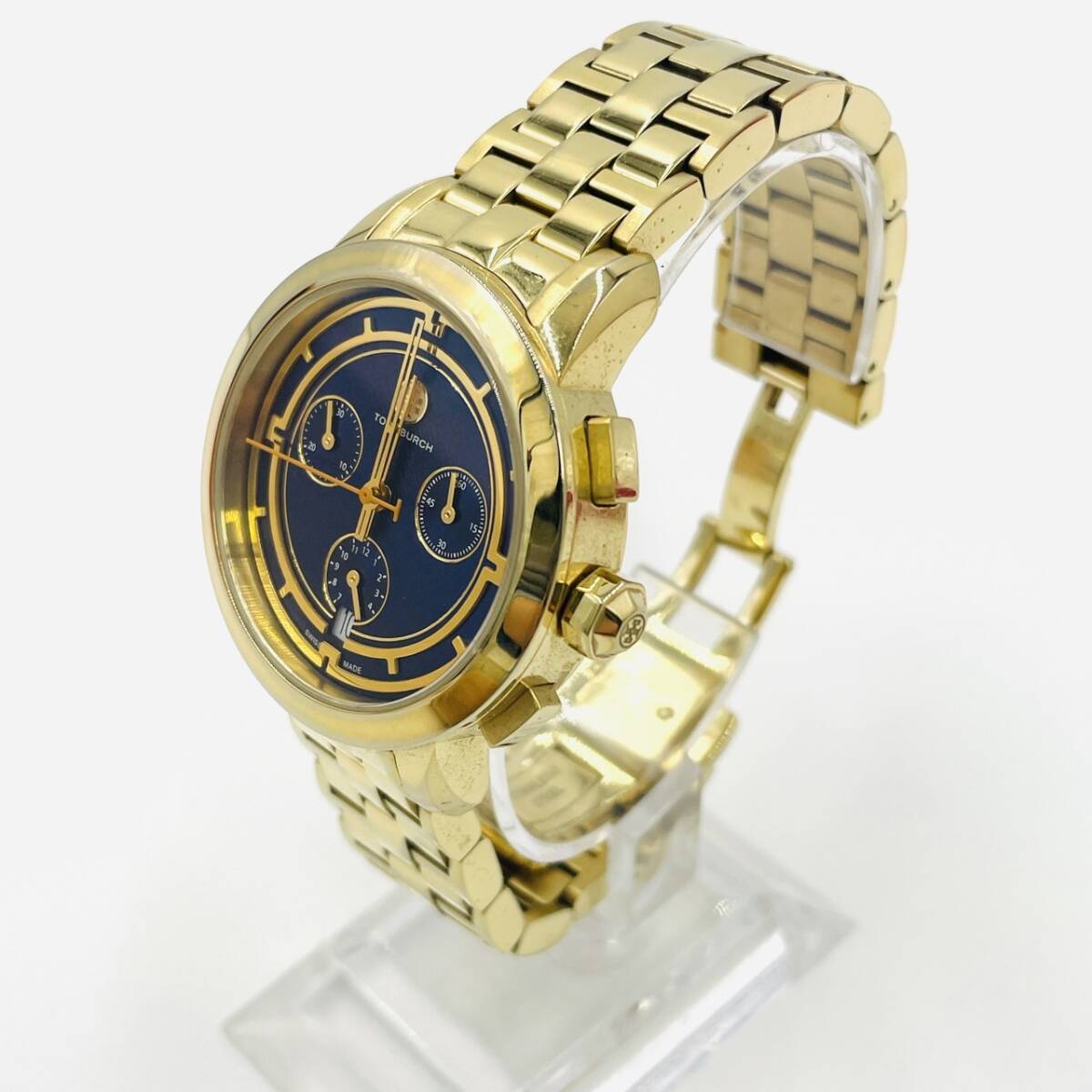 Tory Burch Chronograph Date Ladies' Quartz Watch with Box, Gold, Blue Dial 7-3-428