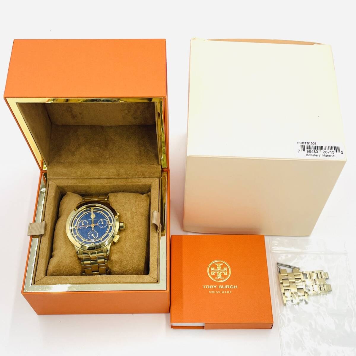 Tory Burch Chronograph Date Ladies' Quartz Watch with Box, Gold, Blue Dial 7-3-428