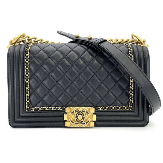 CHANEL Boy Chanel Lambskin Black × Gold Gold Hardware Leather Chain Shoulder Bag 7-5-658