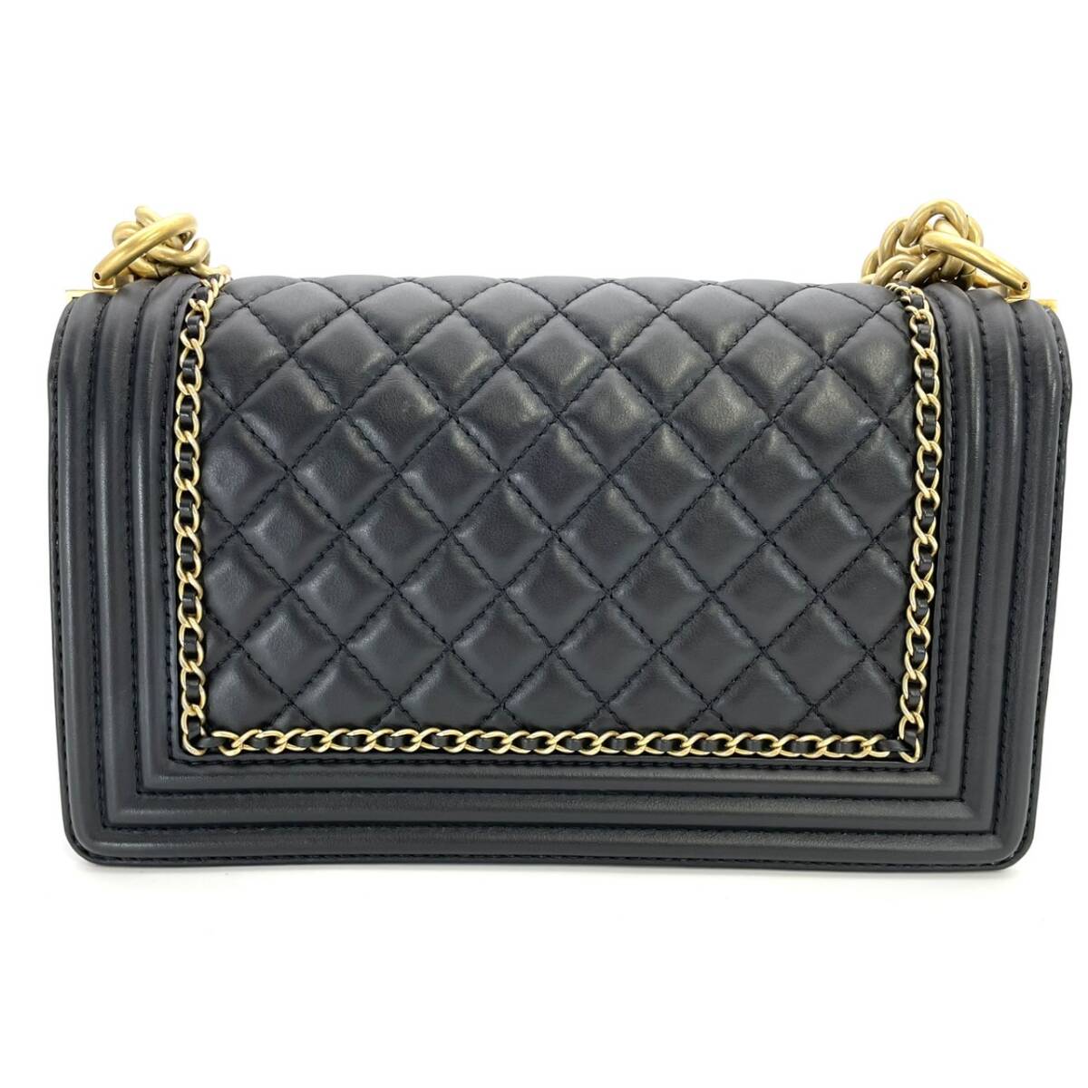 CHANEL Boy Chanel Lambskin Black × Gold Gold Hardware Leather Chain Shoulder Bag 7-5-658