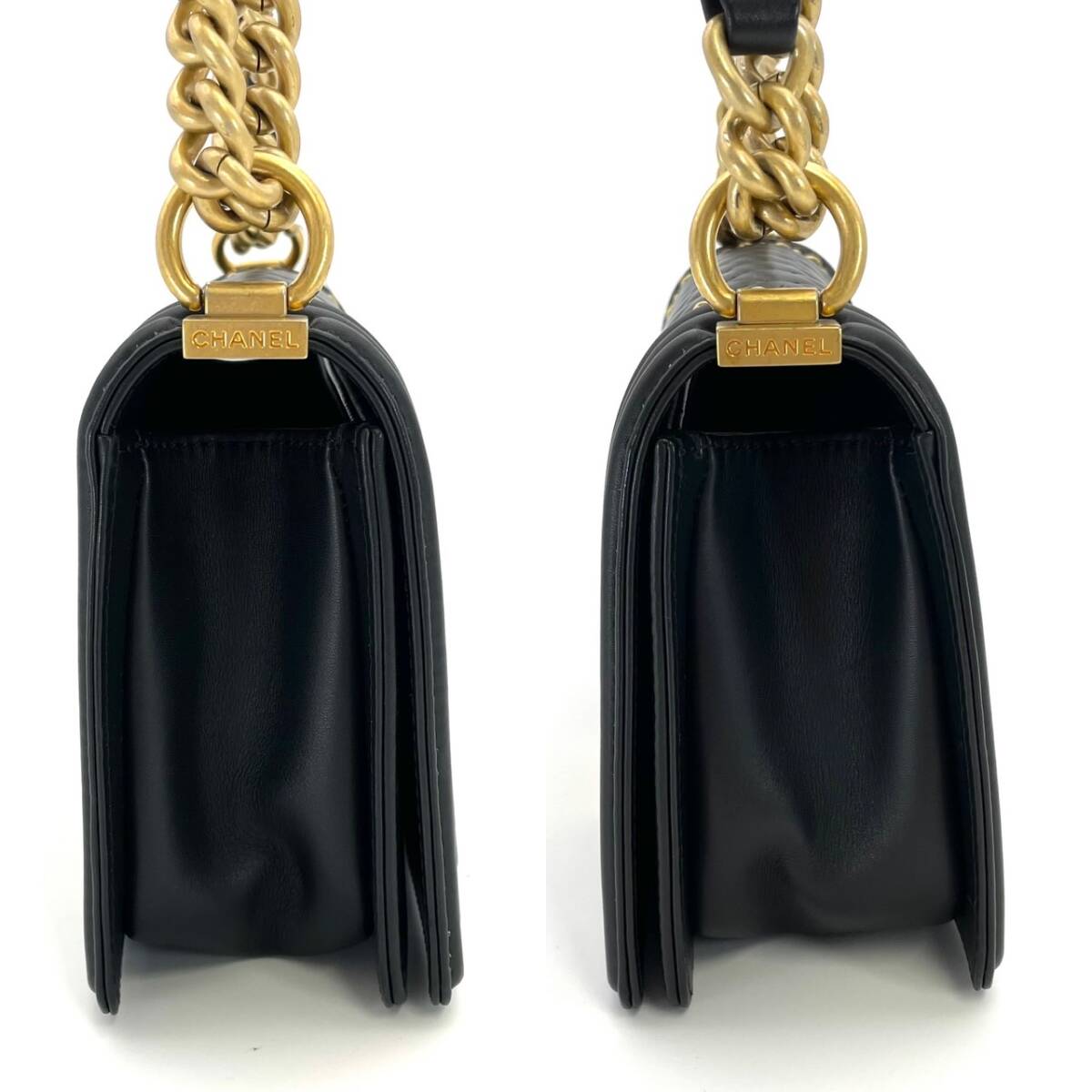 CHANEL Boy Chanel Lambskin Black × Gold Gold Hardware Leather Chain Shoulder Bag 7-5-658