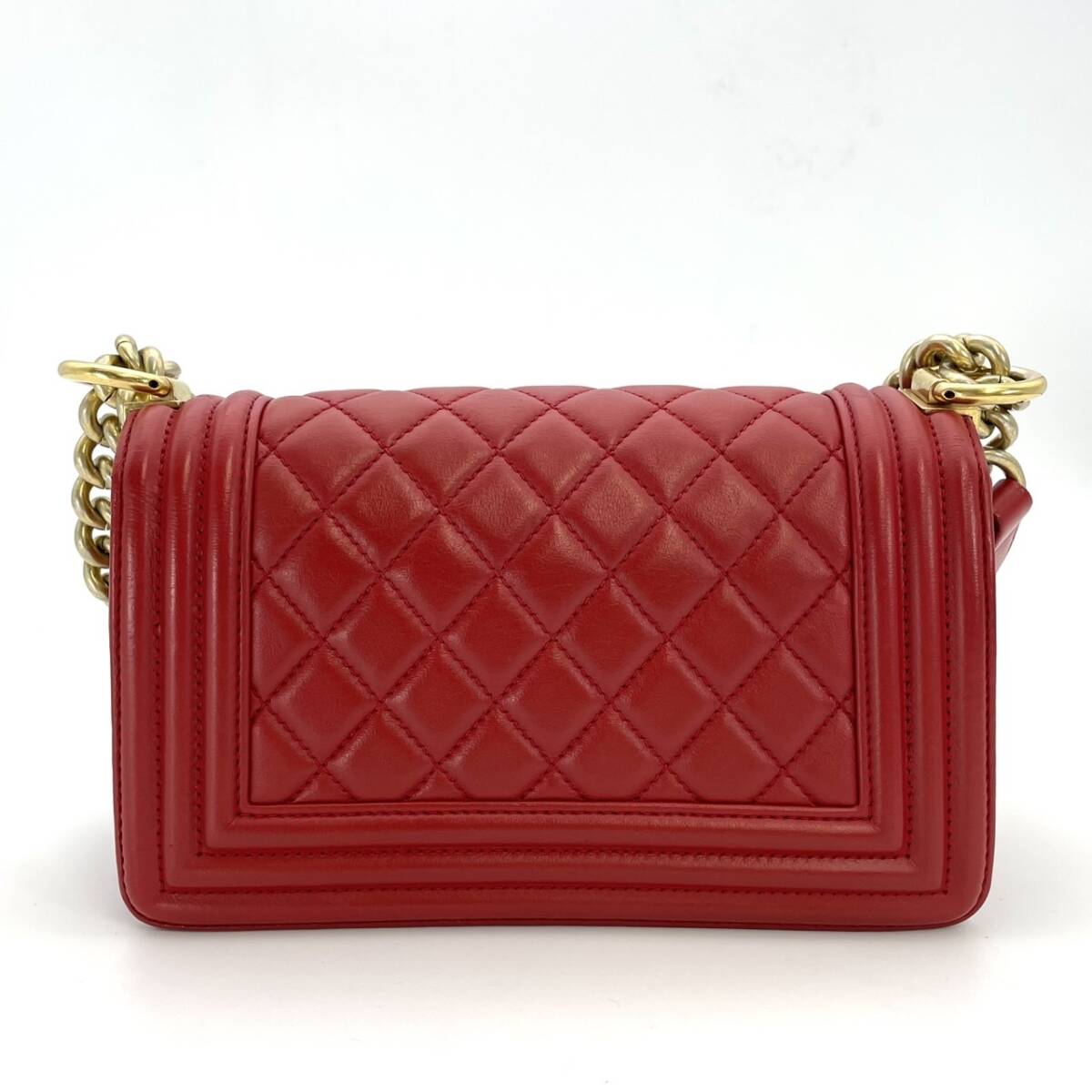 CHANEL Boy Chanel Small Lambskin Red Gold Hardware Leather Chain Shoulder Bag