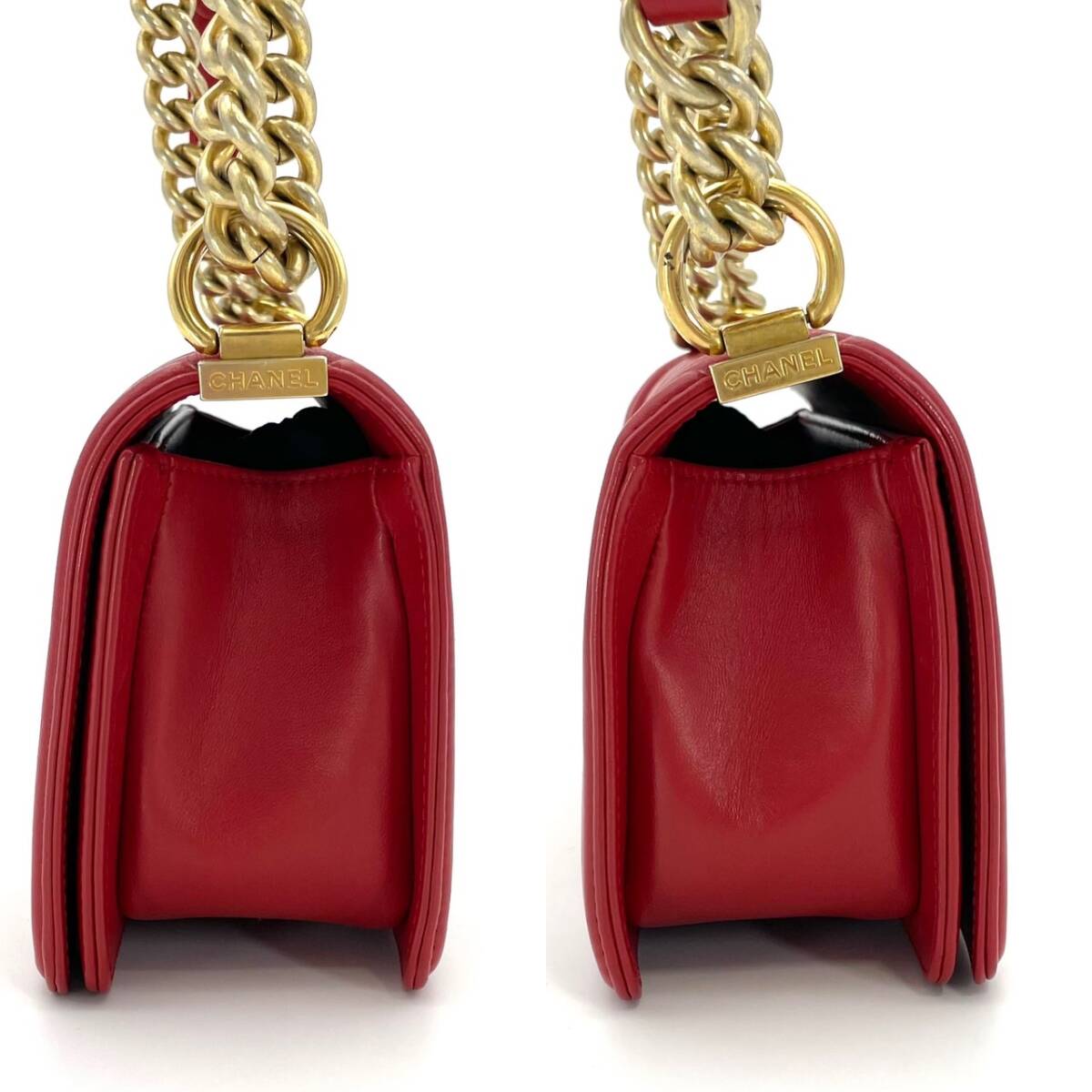 CHANEL Boy Chanel Small Lambskin Red Gold Hardware Leather Chain Shoulder Bag