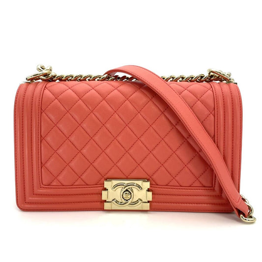 CHANEL Boy Chanel Lambskin Coral Orange Gold Hardware Leather Chain Shoulder Bag