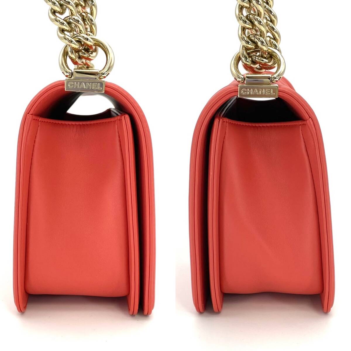 CHANEL Boy Chanel Lambskin Coral Orange Gold Hardware Leather Chain Shoulder Bag