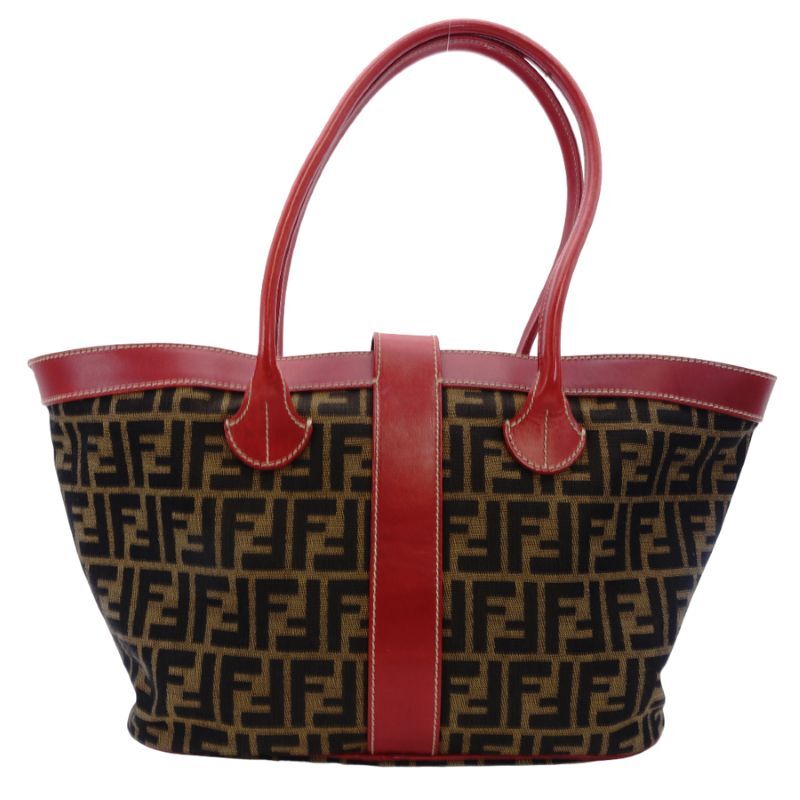 FENDI Zucca Tote Bag Canvas Leather Brown Red