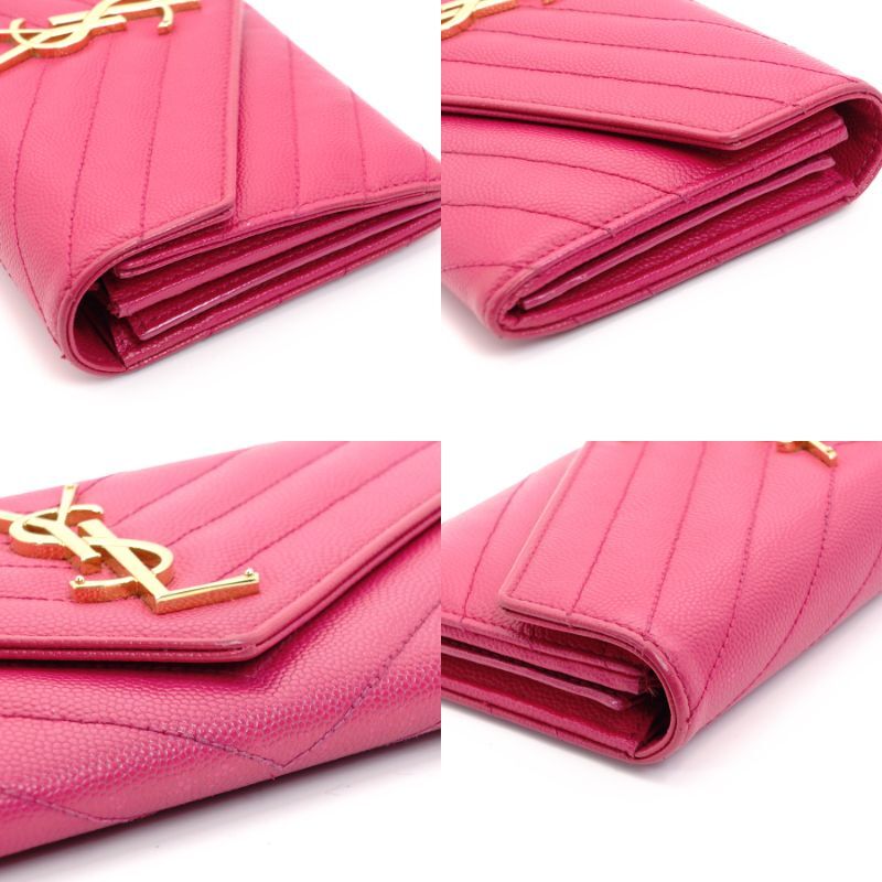 SAINT LAURENT long wallet V-stitched pink leather wallet