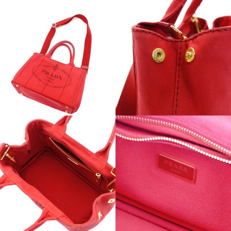 PRADA Canapa S Red Handbag 2-way Canvas Shoulder Bag