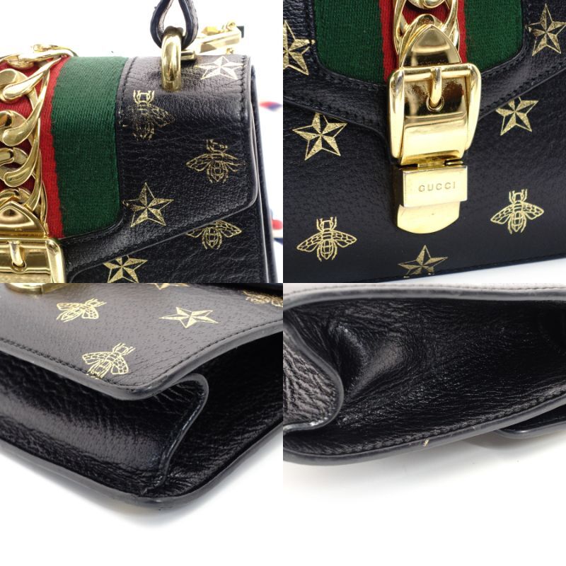GUCCI Sylvie Handbag Leather Black Multicolor 2-Way Shoulder