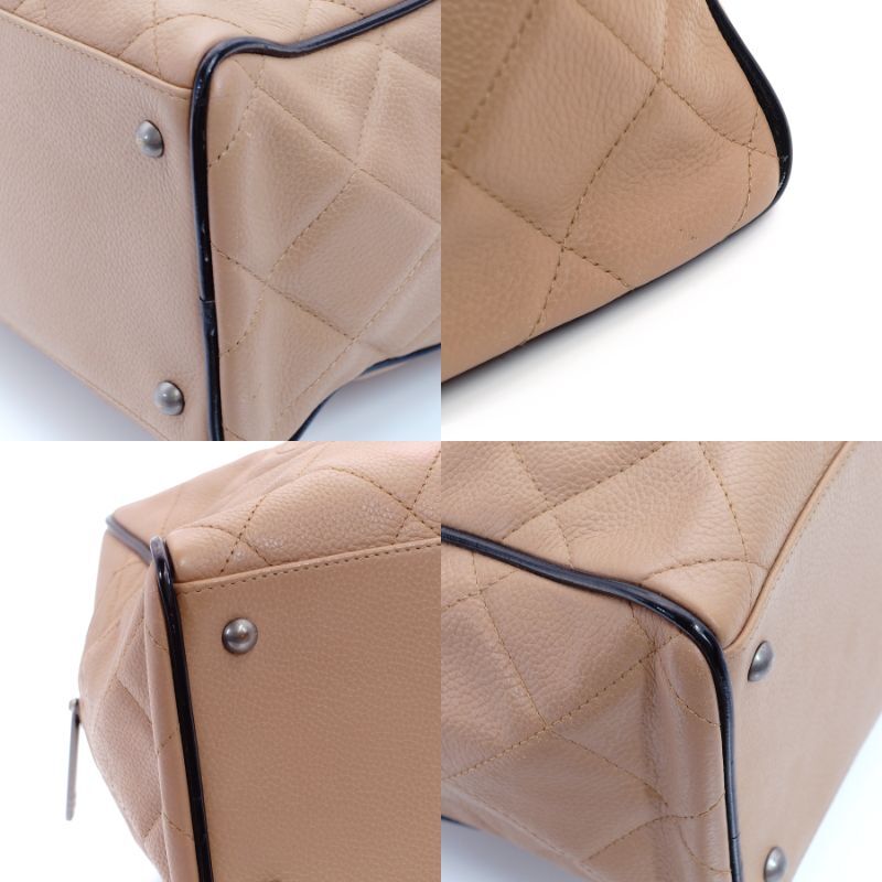 CHANNEL Matelasse Boston Handbag Pink Brown Caviar Skin Logo Leather