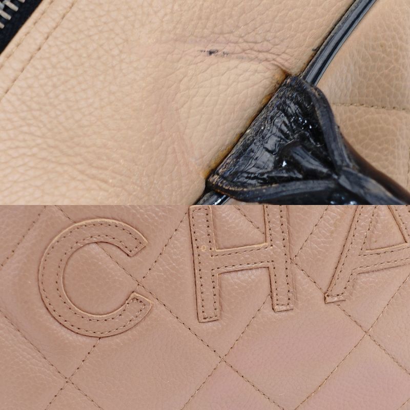 CHANNEL Matelasse Boston Handbag Pink Brown Caviar Skin Logo Leather