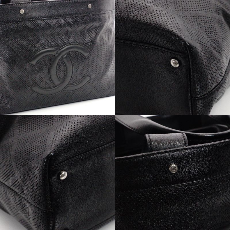 CHANNEL Tote Bag Black Leather Coco Mark Punching