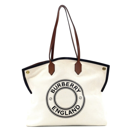 BURBERRY TB Logo Canvas Tote Bag Beige Leather Brown