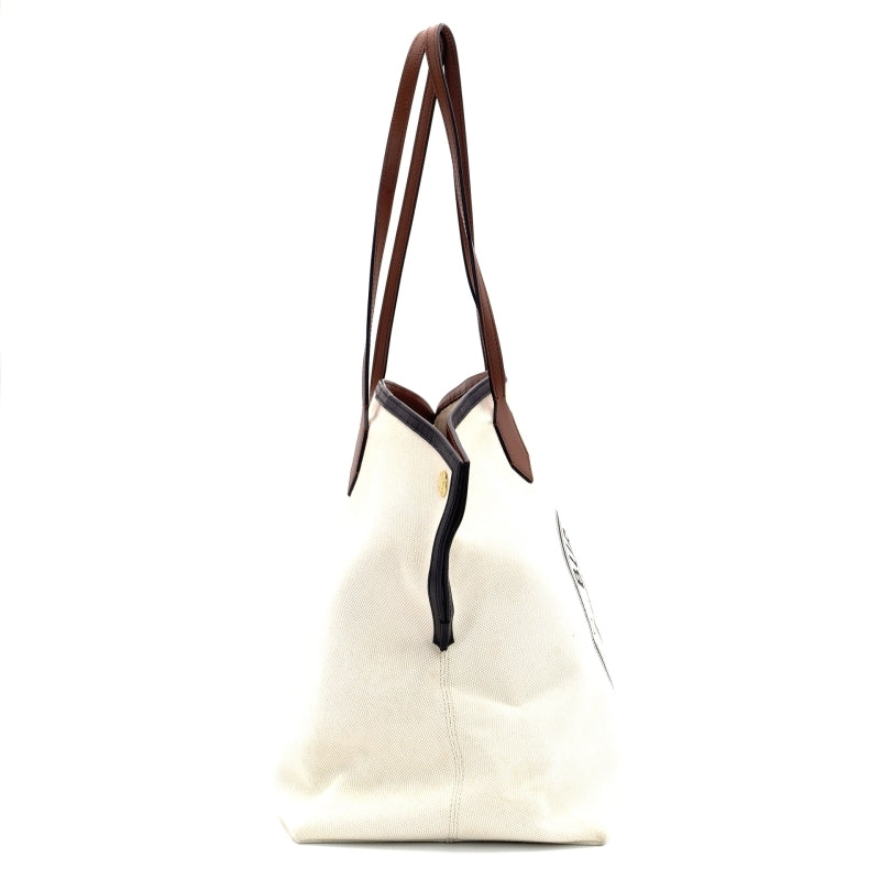 BURBERRY TB Logo Canvas Tote Bag Beige Leather Brown