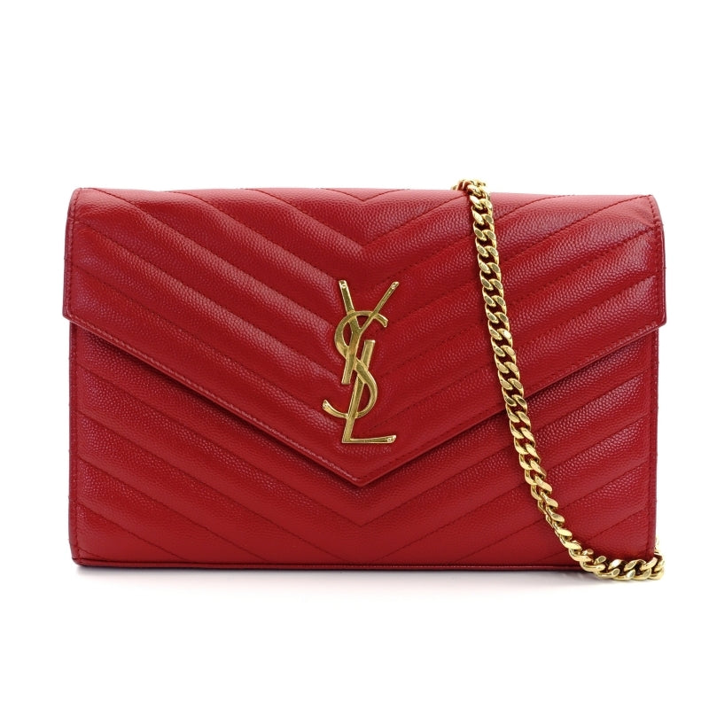 YVES SAINT LAURENT Chain Shoulder Bag Leather Red Gold Hardware