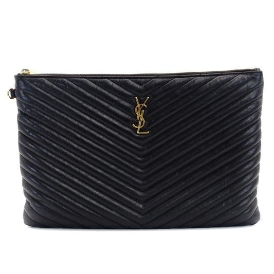 YVES SAINT LAURENT Clutch Bag Logo Black Gold Hardware