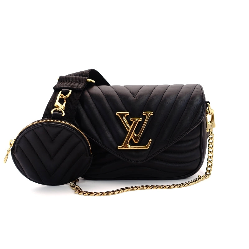 LOUIS VUITTON New Wave Shoulder Bag Black Leather Black Gold Hardware Logo