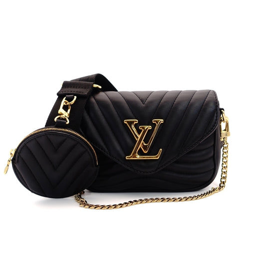 LOUIS VUITTON New Wave Shoulder Bag Black Leather Black Gold Hardware Logo