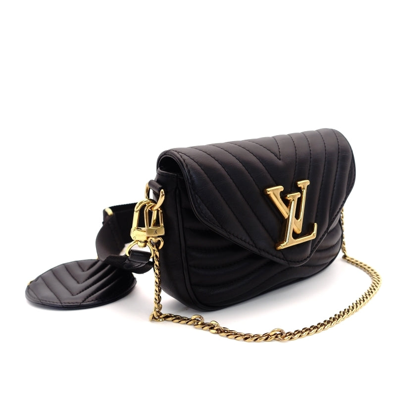 LOUIS VUITTON New Wave Shoulder Bag Black Leather Black Gold Hardware Logo