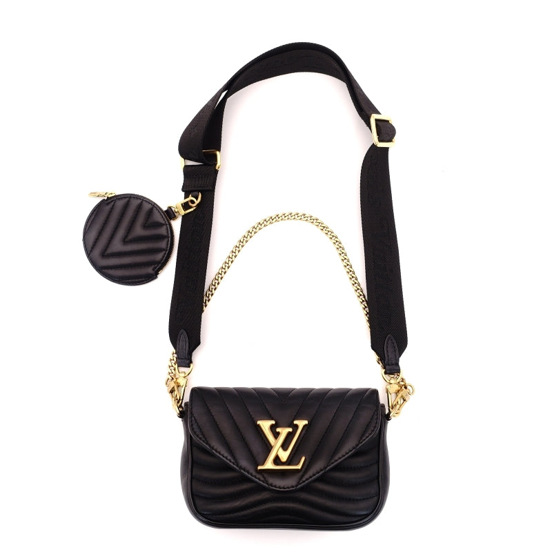 LOUIS VUITTON New Wave Shoulder Bag Black Leather Black Gold Hardware Logo