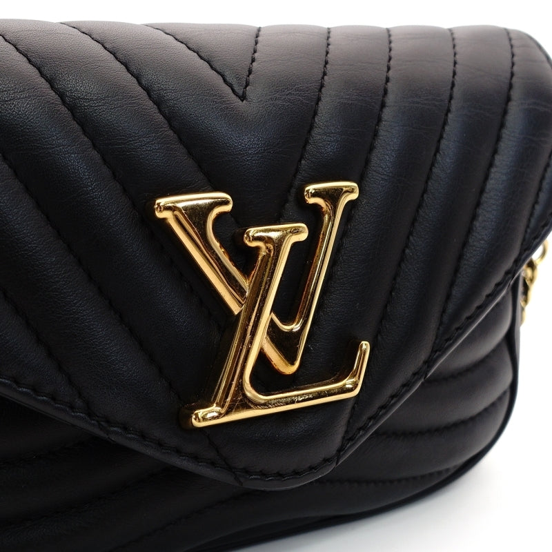 LOUIS VUITTON New Wave Shoulder Bag Black Leather Black Gold Hardware Logo