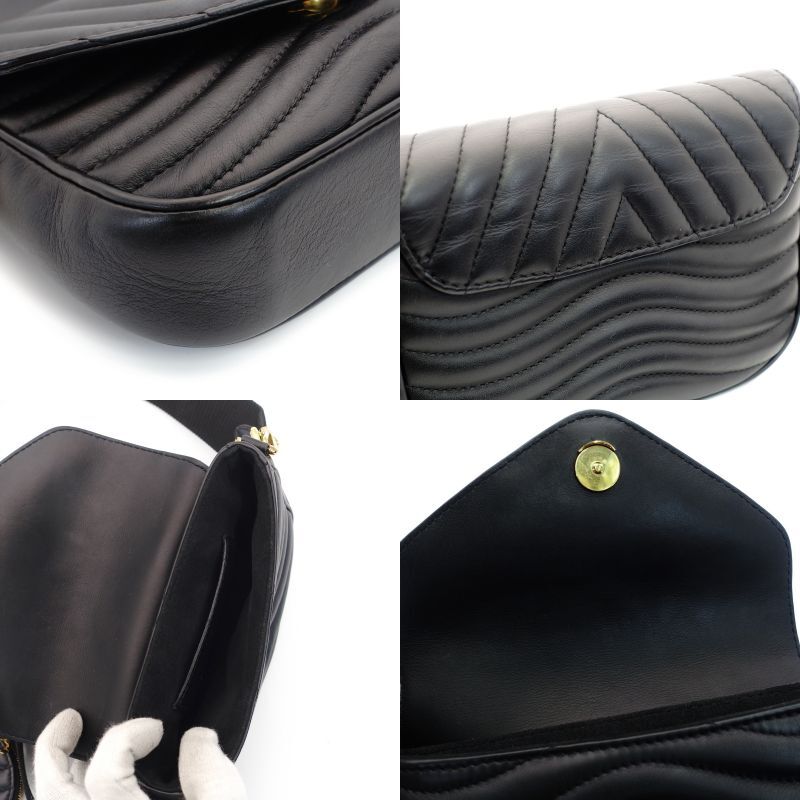 LOUIS VUITTON New Wave Shoulder Bag Black Leather Black Gold Hardware Logo